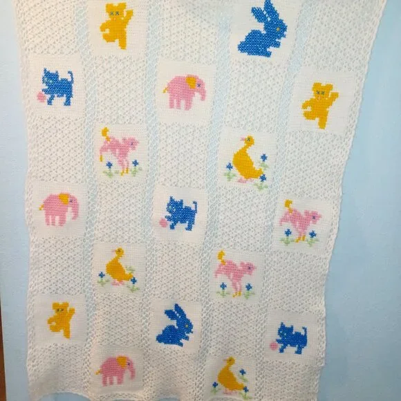 Two Hand Made Crochet Baby Afghans White Pink Yellow Blue - Picture 2 of 10